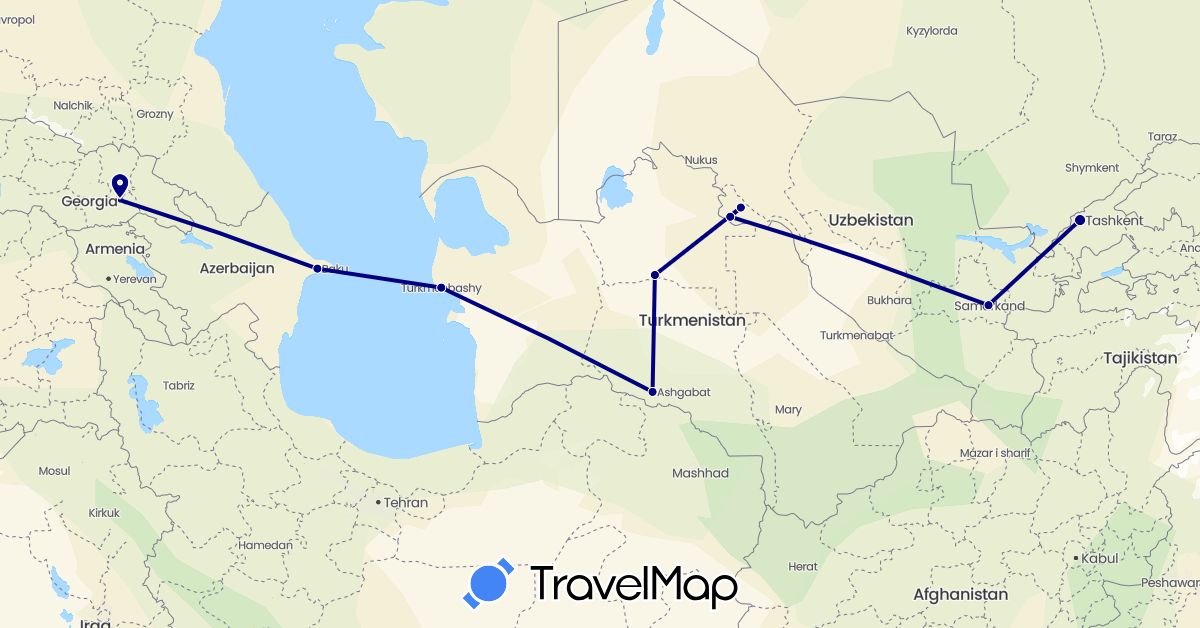 TravelMap itinerary: driving in Azerbaijan, Georgia, Turkmenistan, Uzbekistan (Asia)
